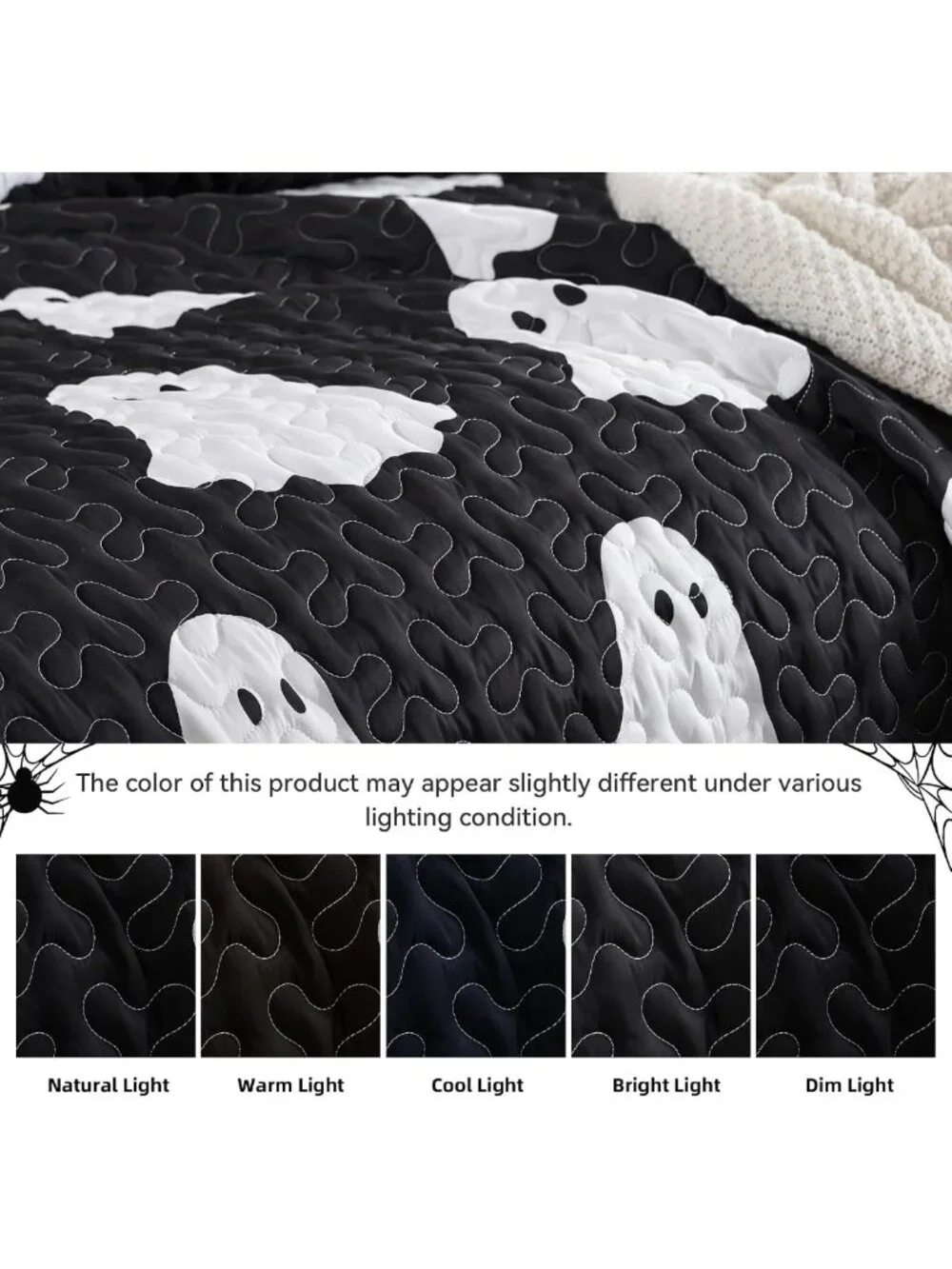 Spooky Halloween Queen Size Quilt Set - Black Ghost Bedspread & Pillow Shams